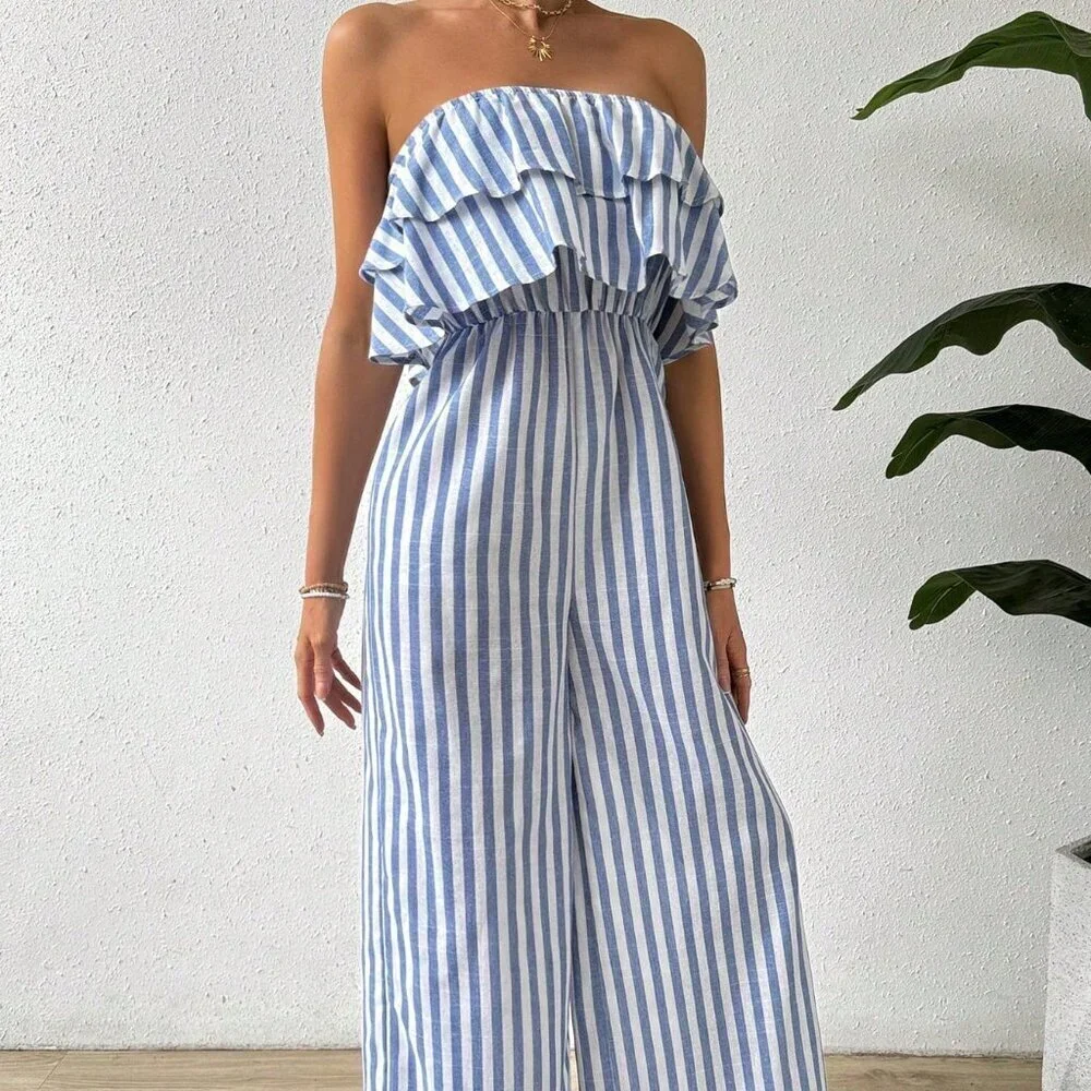 Blue and White Boho Women's Striped Strapless Wide Leg Jumpsuit With Ruffled - Picture 6 of 8